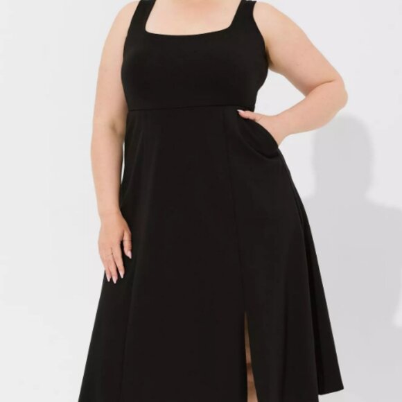 Black Midi Ponte Dress Square Neck Lightweight A Line Cocktail Party Evening 3 - Picture 1 of 15